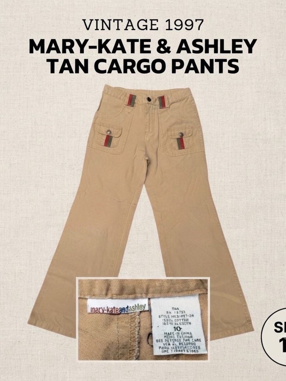 Vintage 1997 Mary-Kate & Ashley Girls Size 10 Tan Cargo Pants Y2K Retro